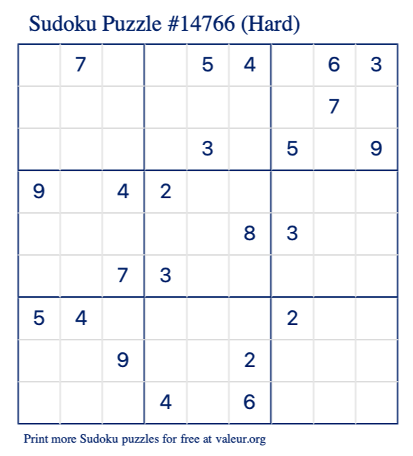 Free Printable Hard Sudoku Puzzle number 14766