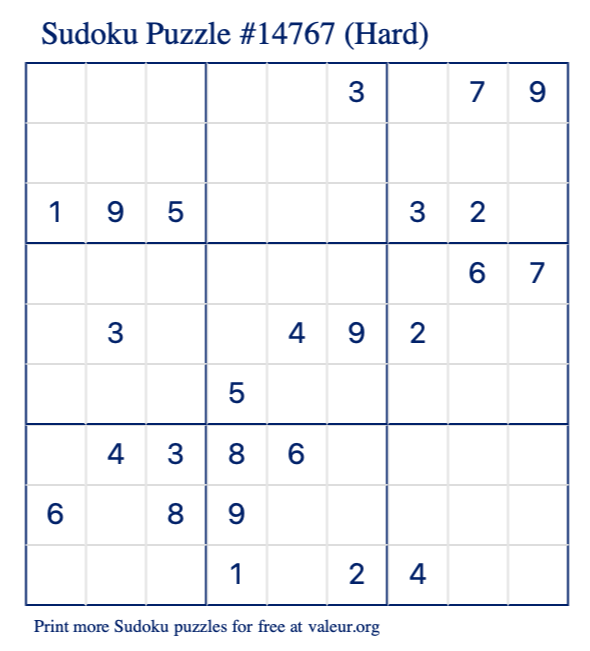 Free Printable Hard Sudoku Puzzle number 14767