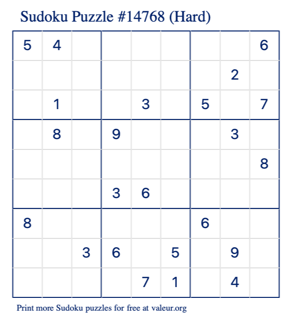 Free Printable Hard Sudoku Puzzle number 14768