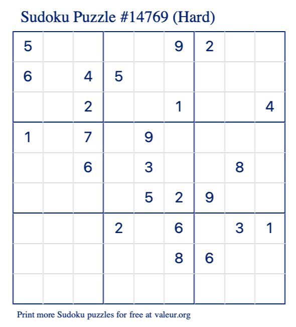 Free Printable Hard Sudoku Puzzle number 14769