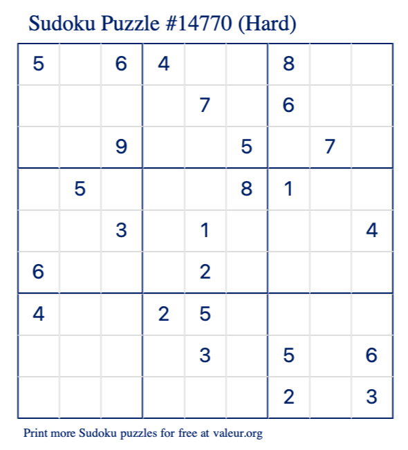 Free Printable Hard Sudoku Puzzle number 14770