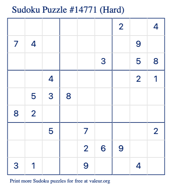 Free Printable Hard Sudoku Puzzle number 14771