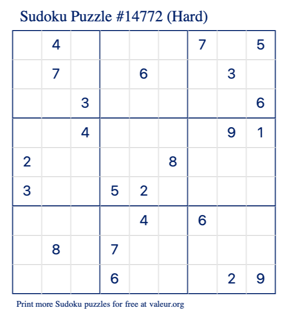 Free Printable Hard Sudoku Puzzle number 14772