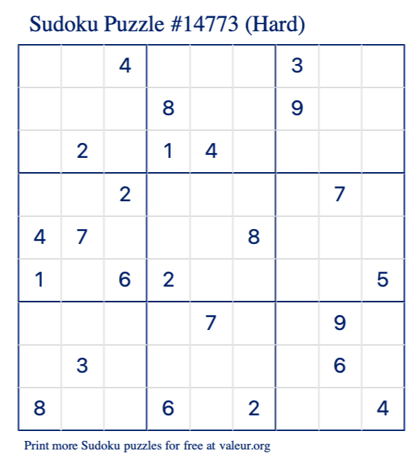 Free Printable Hard Sudoku Puzzle number 14773