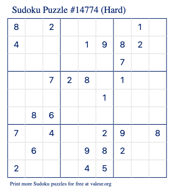 Free Printable Hard Sudoku Puzzle number 14774