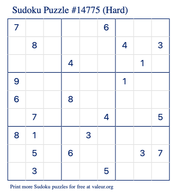 Free Printable Hard Sudoku Puzzle number 14775