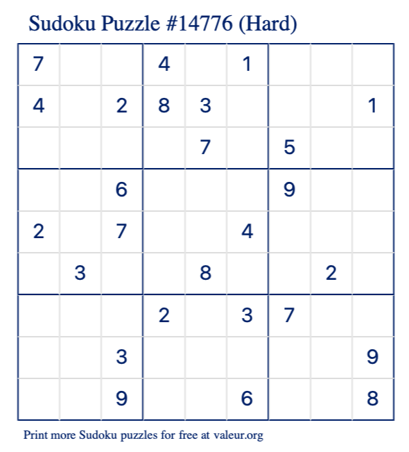 Free Printable Hard Sudoku Puzzle number 14776