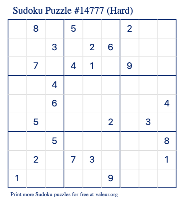 Free Printable Hard Sudoku Puzzle number 14777