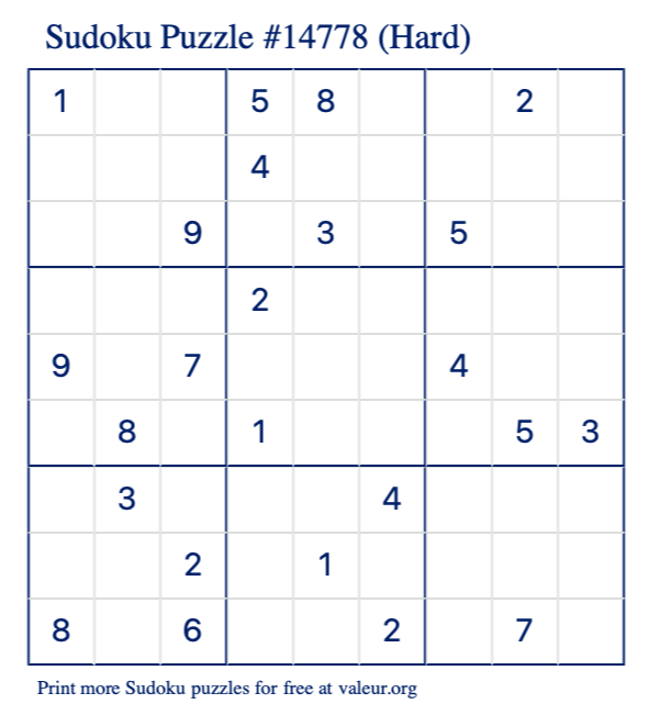 Free Printable Hard Sudoku Puzzle number 14778