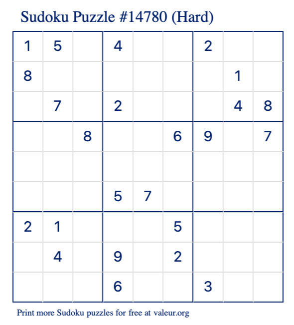 Free Printable Hard Sudoku Puzzle number 14780