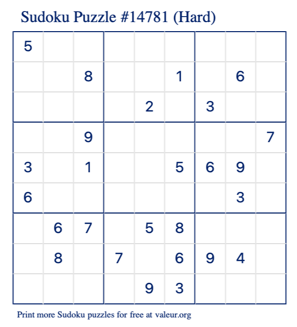 Free Printable Hard Sudoku Puzzle number 14781