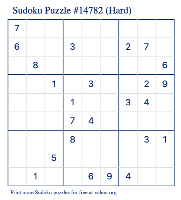 Free Printable Hard Sudoku Puzzle number 14782