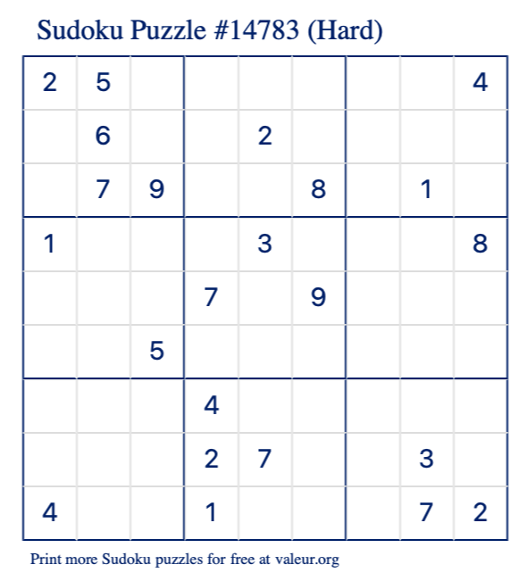 Free Printable Hard Sudoku Puzzle number 14783