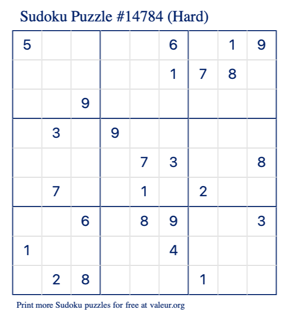 Free Printable Hard Sudoku Puzzle number 14784