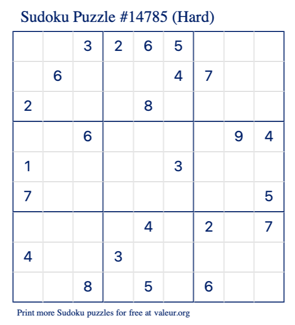 Free Printable Hard Sudoku Puzzle number 14785