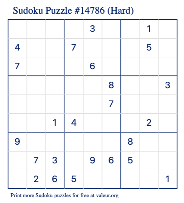 Free Printable Hard Sudoku Puzzle number 14786