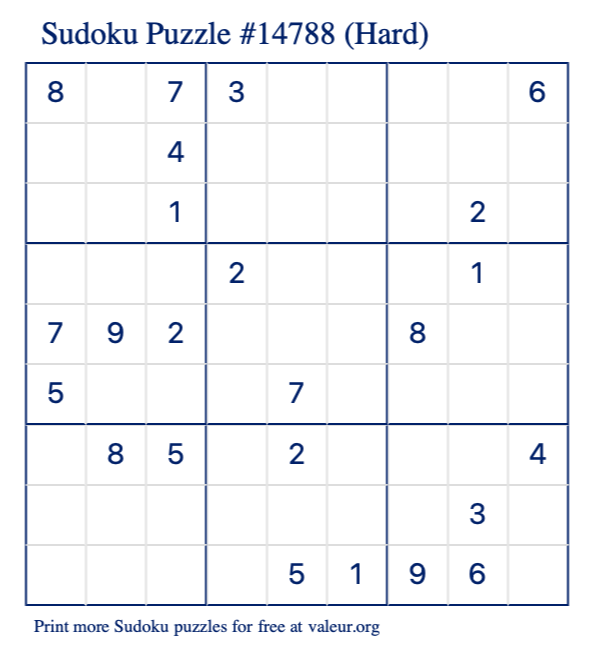 Free Printable Hard Sudoku Puzzle number 14788