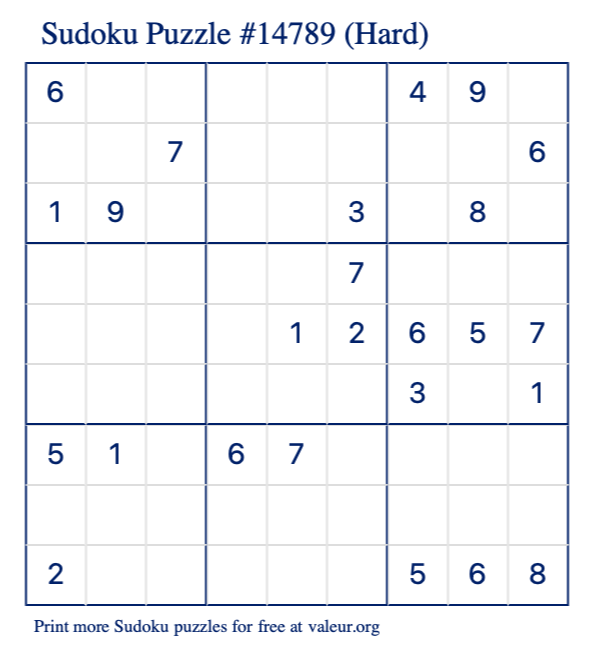 Free Printable Hard Sudoku Puzzle number 14789