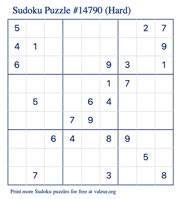 Free Printable Hard Sudoku Puzzle number 14790