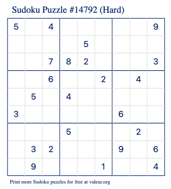 Free Printable Hard Sudoku Puzzle number 14792