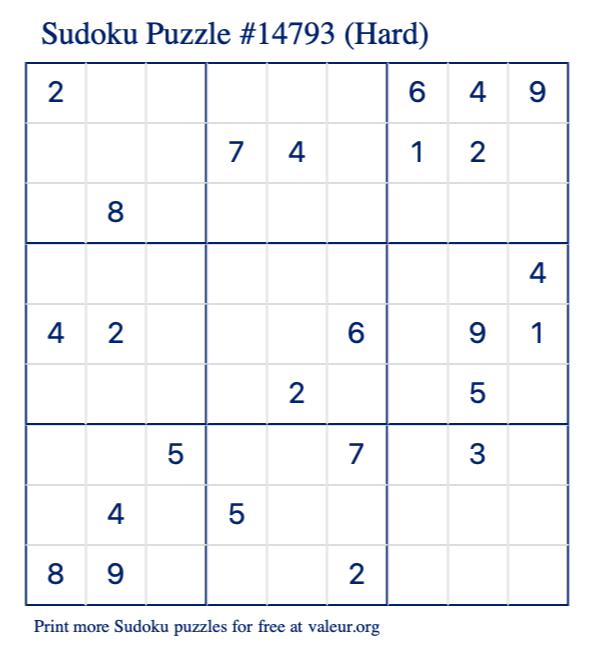 Free Printable Hard Sudoku Puzzle number 14793