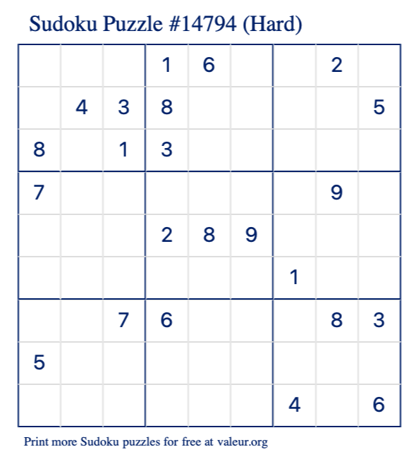 Free Printable Hard Sudoku Puzzle number 14794