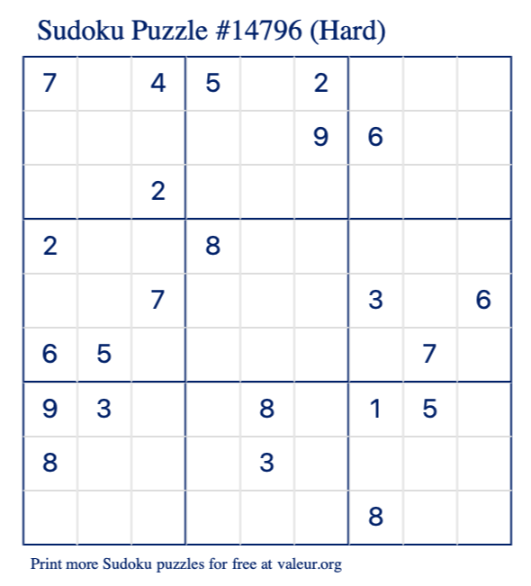 Free Printable Hard Sudoku Puzzle number 14796