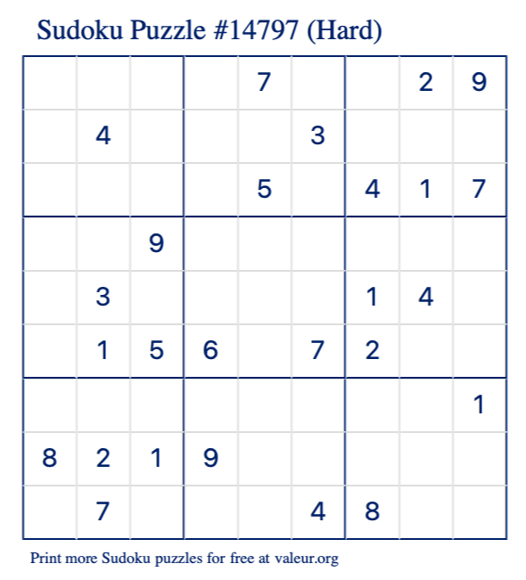 Free Printable Hard Sudoku Puzzle number 14797