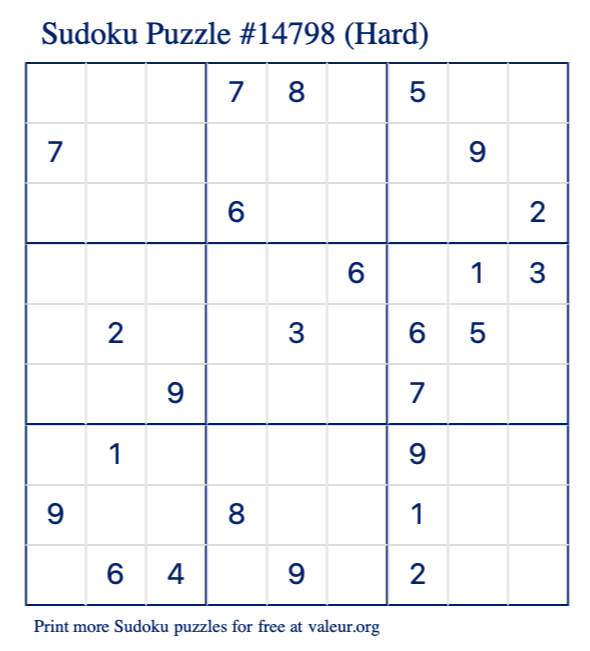 Free Printable Hard Sudoku Puzzle number 14798