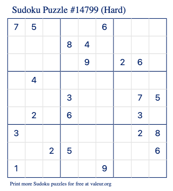 Free Printable Hard Sudoku Puzzle number 14799