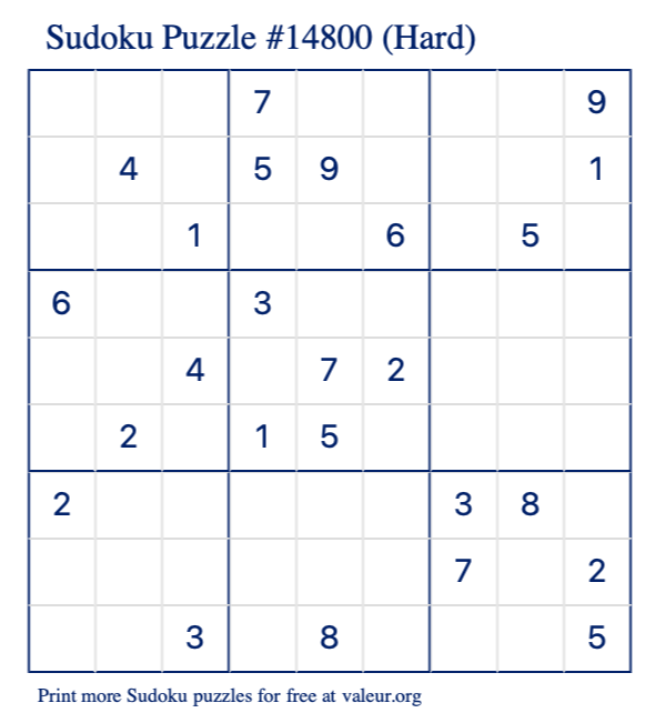 Free Printable Hard Sudoku Puzzle number 14800