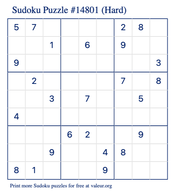 Free Printable Hard Sudoku Puzzle number 14801