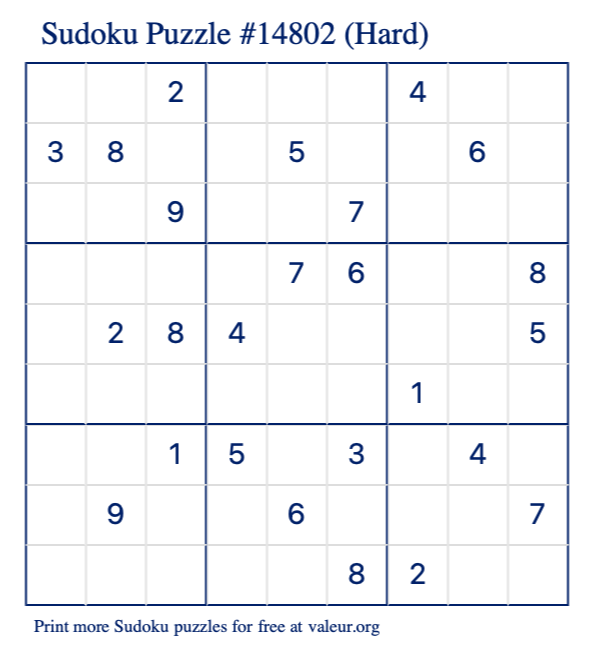 Free Printable Hard Sudoku Puzzle number 14802