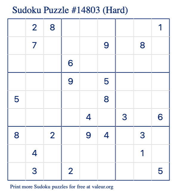 Free Printable Hard Sudoku Puzzle number 14803