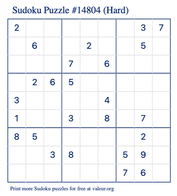 Free Printable Hard Sudoku Puzzle number 14804