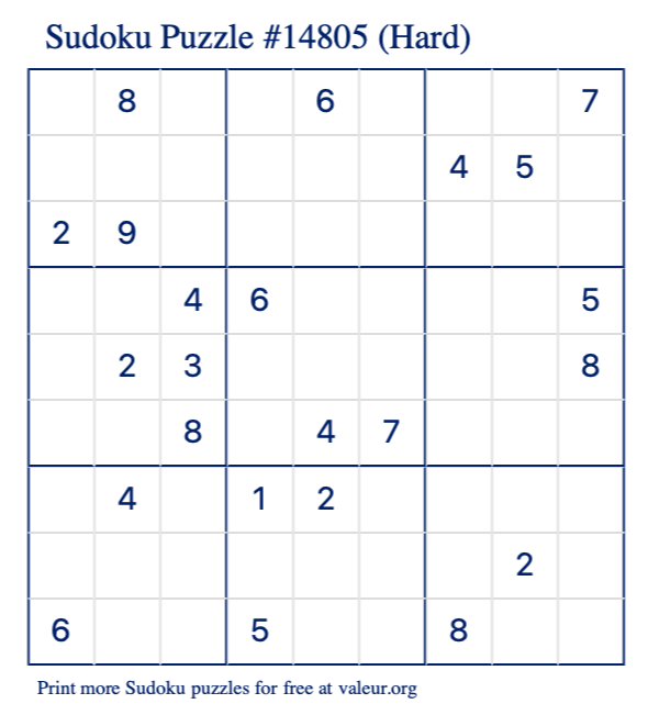 Free Printable Hard Sudoku Puzzle number 14805