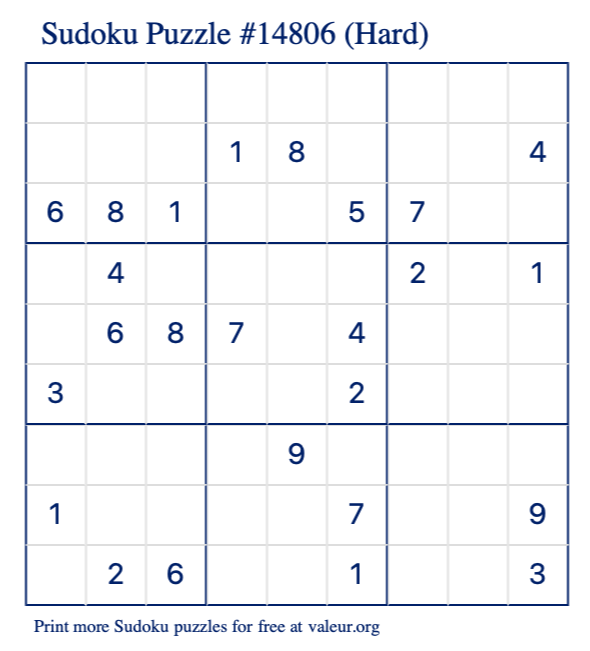 Free Printable Hard Sudoku Puzzle number 14806