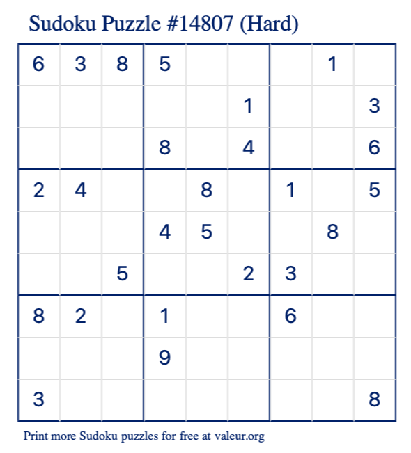 Free Printable Hard Sudoku Puzzle number 14807