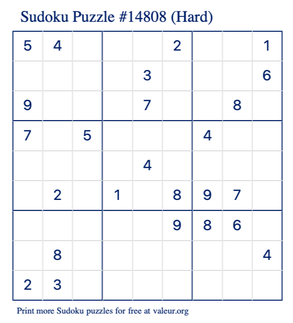 Free Printable Hard Sudoku Puzzle number 14808