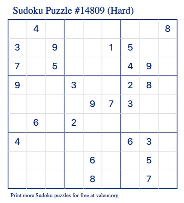 Free Printable Hard Sudoku Puzzle number 14809