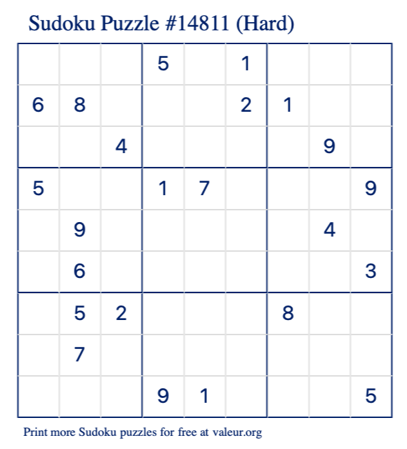 Free Printable Hard Sudoku Puzzle number 14811