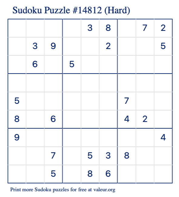 Free Printable Hard Sudoku Puzzle number 14812