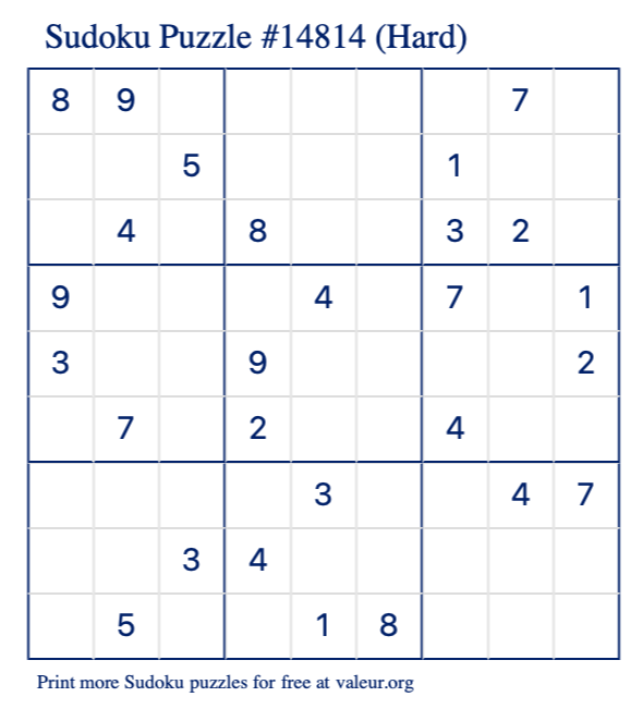 Free Printable Hard Sudoku Puzzle number 14814