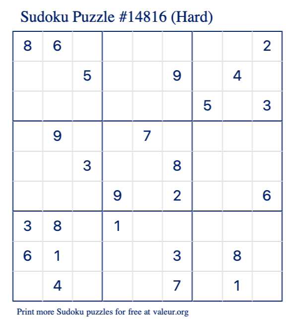 Free Printable Hard Sudoku Puzzle number 14816