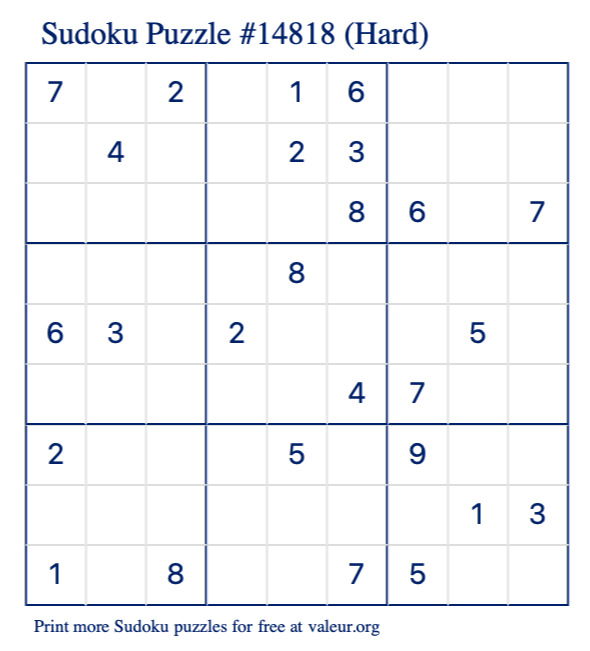 Free Printable Hard Sudoku Puzzle number 14818