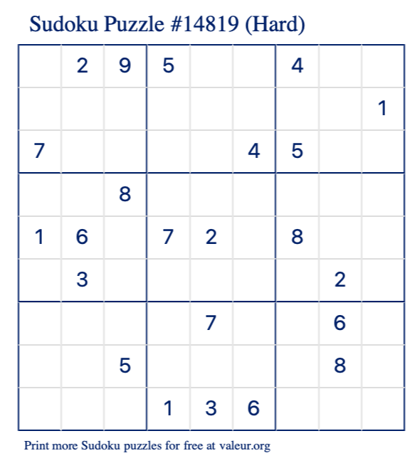 Free Printable Hard Sudoku Puzzle number 14819