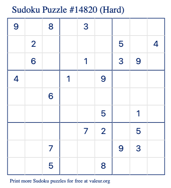 Free Printable Hard Sudoku Puzzle number 14820