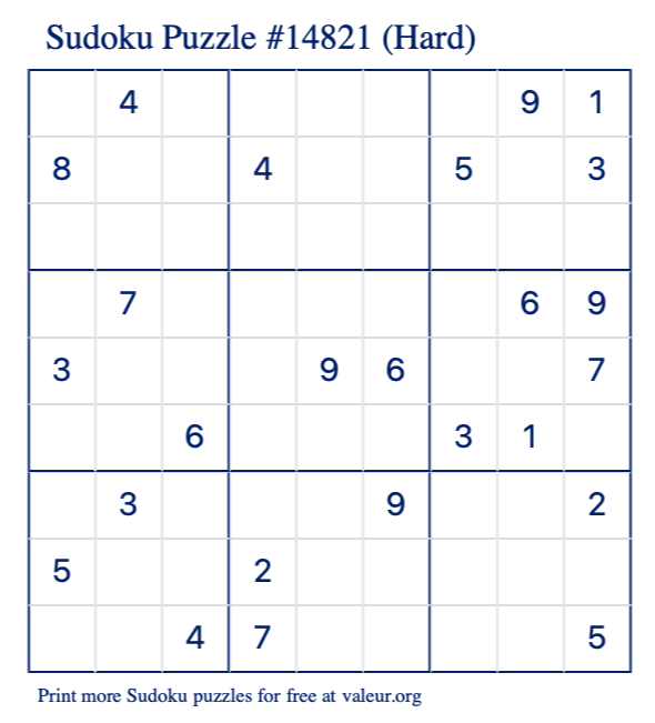 Free Printable Hard Sudoku Puzzle number 14821