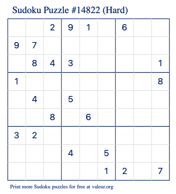 Free Printable Hard Sudoku Puzzle number 14822