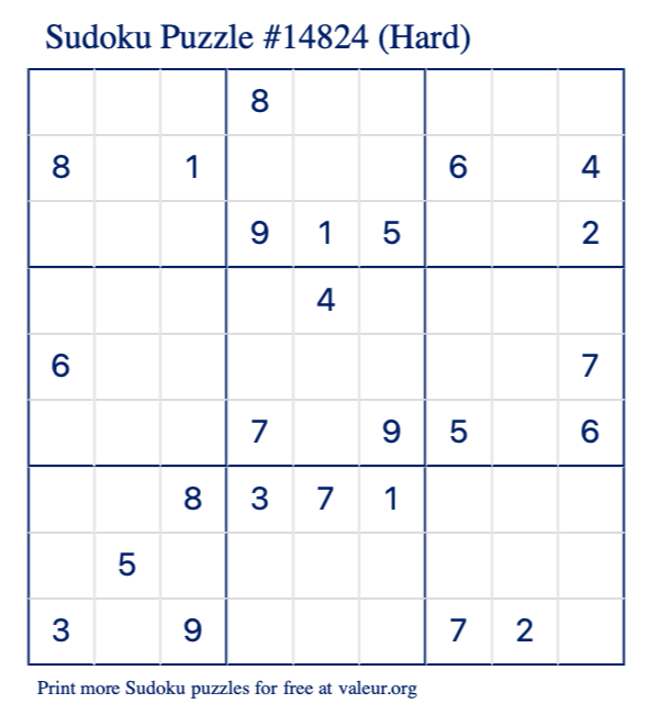 Free Printable Hard Sudoku Puzzle number 14824